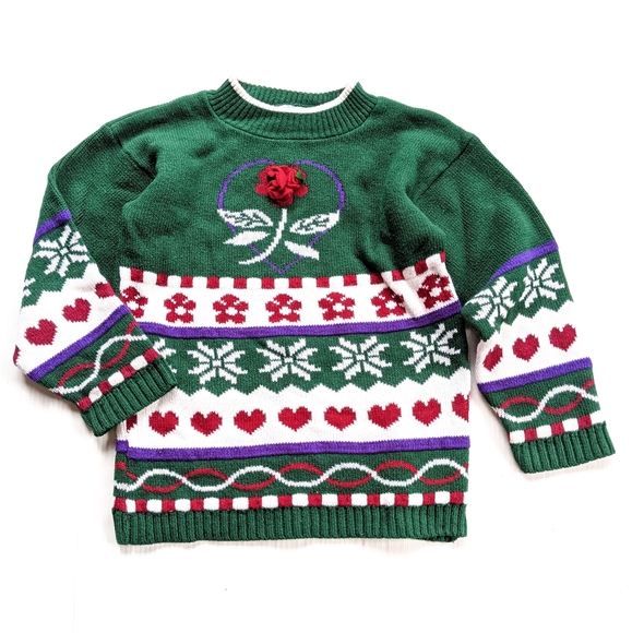 VINTAGE kids Nordic hearts & floral knit sweater - Picture 1 of 10